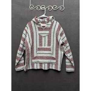 Gypsy Rose Large Mexican Poncho Hoodie Pullover Hippie Boho Drug Rug Vtg 90s Y2k